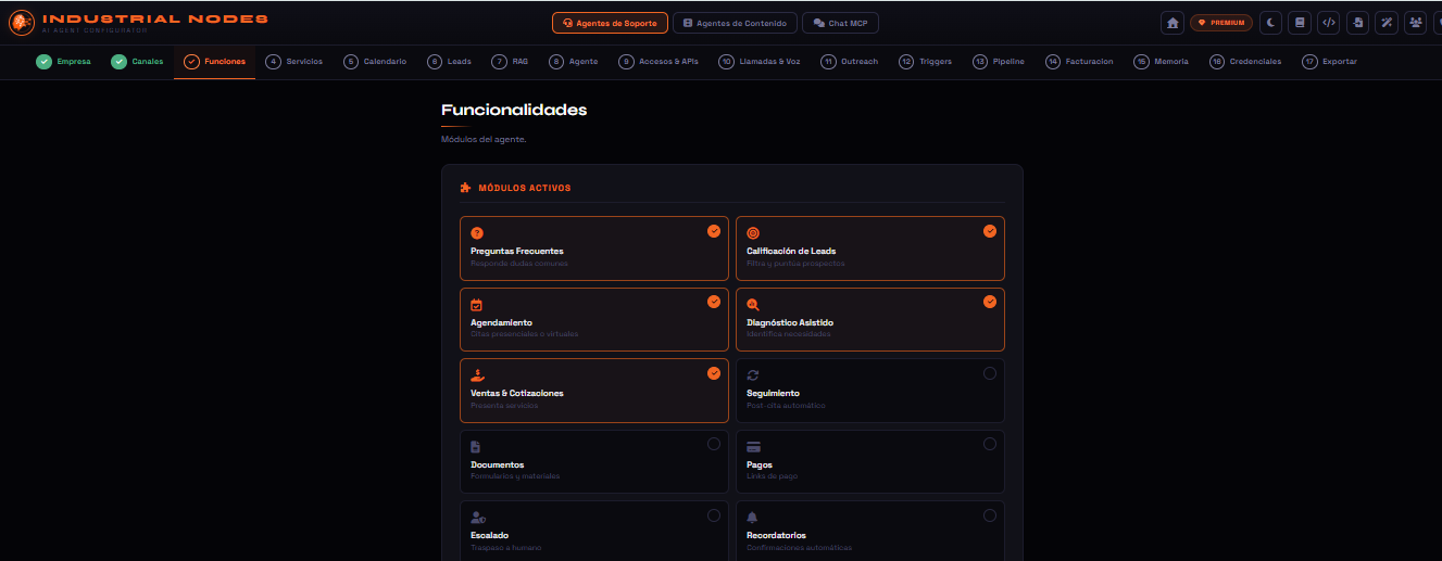 Interfaz de los wizards de Industrial Nodes